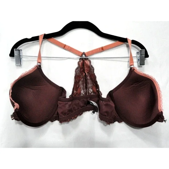 Adore Me Bra Lace Racer Back Plunge Front Close Pushup Brown Women's Size 34DD - Picture 4 of 11